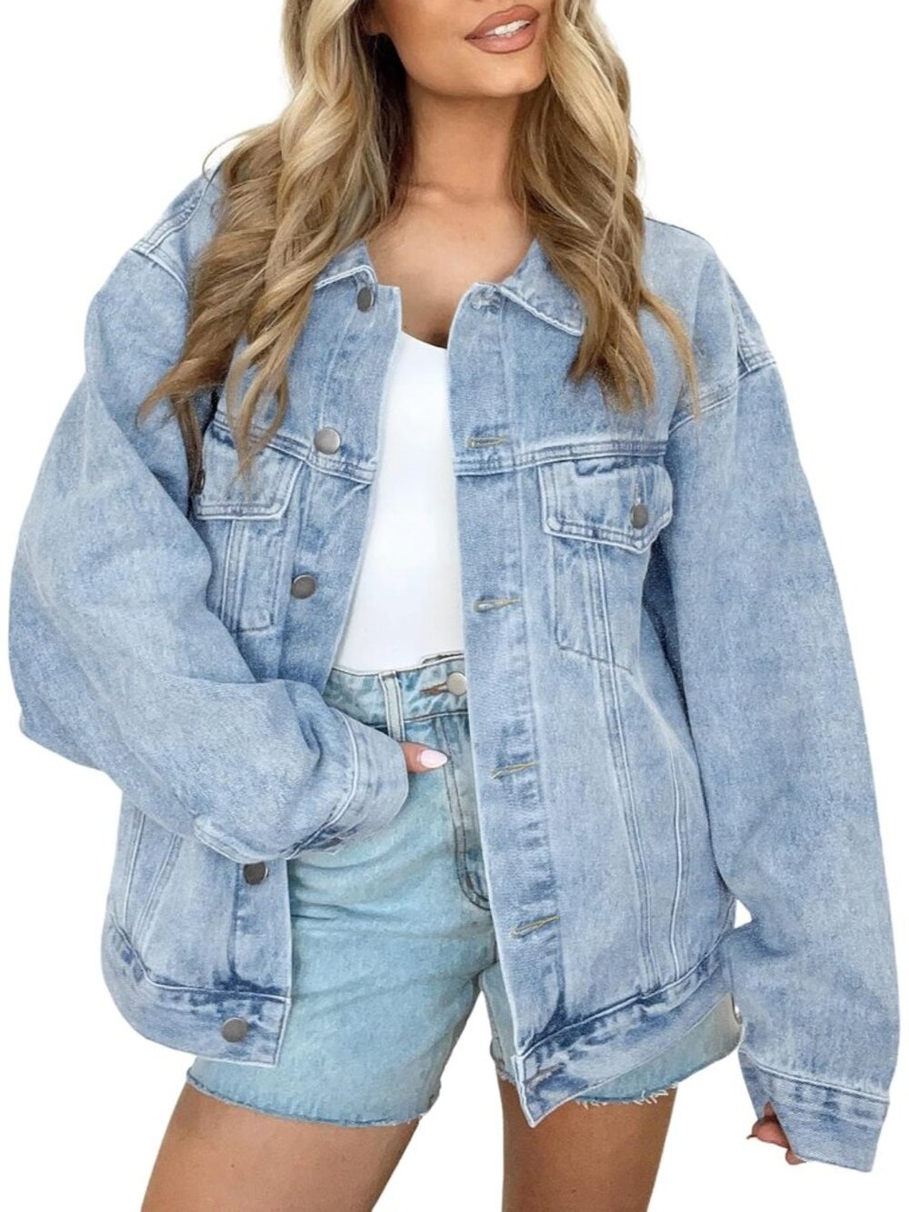 〽️ Women’s Light Blue Oversized Button Down Loose Fit Pockets Denim Jeans Jacket